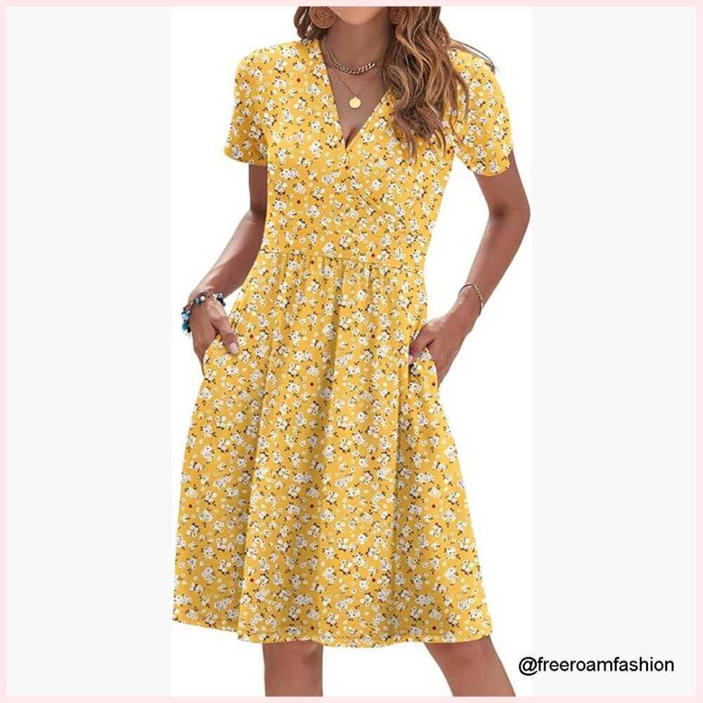 V-Neck Floral Sundress with Pockets, Short Sleeve, A-Line, Lightweight